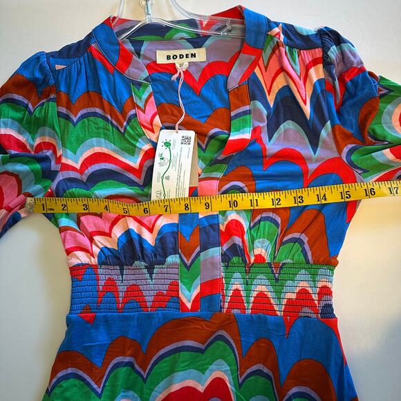 Boden NEW Smocked Ivy Midi Dress Womens Size 2 2R Abstract Wave Colorful Pockets - Picture 10 of 12